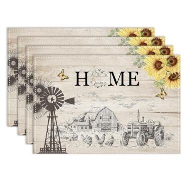Imagem de Jogo americano de fazenda, conjunto de 6, 30 x 45 cm, rústico, campo, celeiro, girassol, galo, retrô, prancha de madeira, tapetes de mesa para festas, cozinha, decoração de jantar