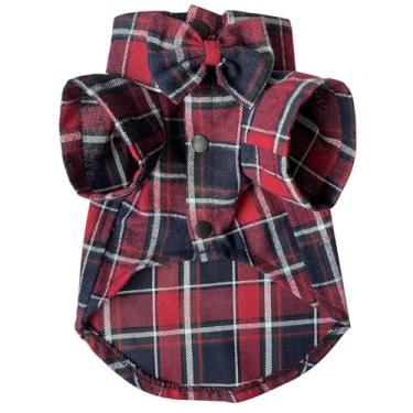 Imagem de Camisa xadrez para cães, roupas macias casuais para animais de estimação, camisa de algodão para cães com gravata borboleta para casamento, fantasias de Natal (vermelho e azul, PP)