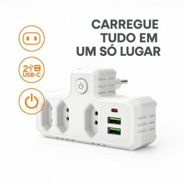Imagem de Conversor Extensão 3 Tomadas Entradas + 2 USB e 1 USB-C Alta Potência 