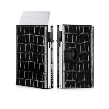 Imagem de Carteira masculina - couro minimalista com três dobras, capa para cartão pop-up inteligente com bloqueio de RFID, porta-cartões de crédito de metal fino de 10 a 15 cartões, carteiras pequenas com