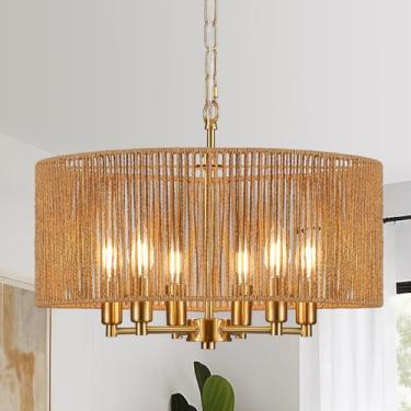 Imagem de YOMECOO Lustre de vime tecido à mão de 50,8 cm vintage fazenda boho bambu dourado lustre luminária retro tambor vime lustres dourados para sala de jantar, ilha de cozinha, sala de estar