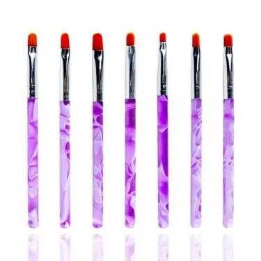 Imagem de Kit 7 Pincéis Língua De Gato Marmorizado Rosa Manicure Unhas - Arte Se