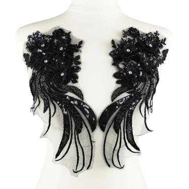 Imagem de YOOGCORETT 1 par de apliques de renda de lantejoulas bordados 3D flor strass acabamento remendo para costura faça você mesmo, artesanato, roupas, decoração de vestido de noiva, preto, 12,5 x 5,5