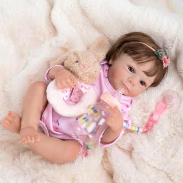 Imagem de Bebê Reborn Boneca Silicone Menina Realista Pintado 48cm Olho Castanho Com Coelho e Acessórios