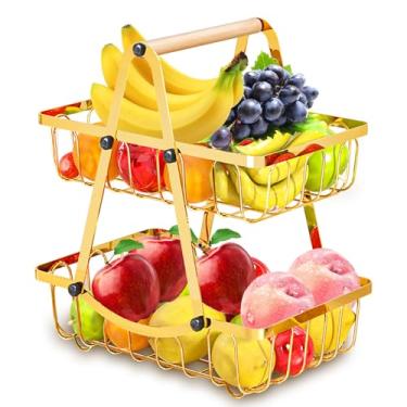 Imagem de ZEROLUXE Cesta De Frutas 2 Andares, Suporte Removível Para E Vegetais, Fruteira Metal Balcão Cozinha, Vegetais Com Alça Madeira, Organizador Pães Lanches, Dourado