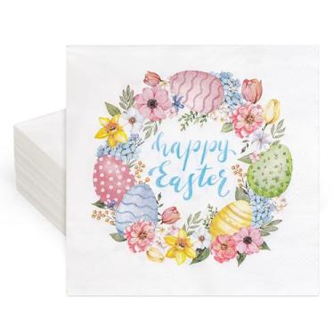 Imagem de FYSUIMU 50 peças guardanapos de papel de Páscoa feliz aquarela flor coroa de ovo guardanapos descartáveis guardanapos florais almoço jantar guardanapos para primavera feriado festa aniversário