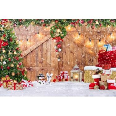 Imagem de SJOLOON Pano de fundo rústico de porta de madeira de celeiro de Natal para fotografia, árvore de Natal, presente de neve, parede, chão, festa, foto de fundo de inverno, suprimentos para a família