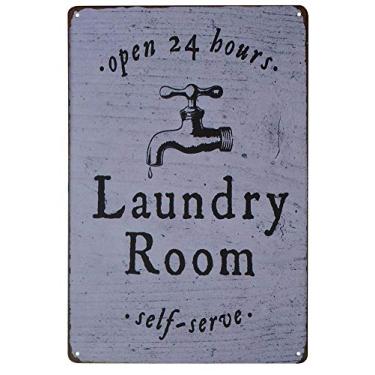 Imagem de Placa de decoração de parede PXIYOU aberta 24 horas lavanderia sala de auto-porte, vintage, metal envelhecido, rústico, lavanderia, quarto, 20,32 x 30,48 cm