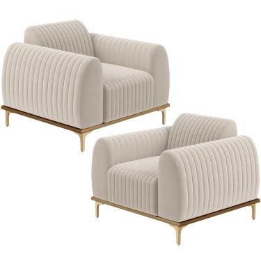 Imagem de Kit 02 Poltronas Decorativa Base De Madeira Castanho e Pés Metalizado D`Ouro Molino D02 Bouclê Creme B-54 - Lyam Decor