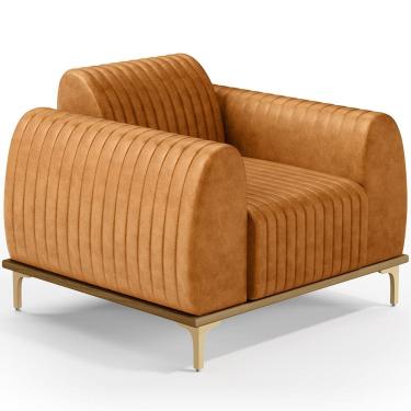 Imagem de Poltrona Decorativa Base De Madeira Castanho e Pés Metalizado D`Ouro Molino D02 Couríssimo Whisky B-90 - Lyam Decor