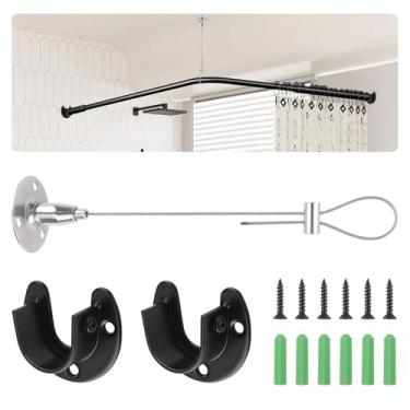 Imagem de UFURMATE 1 conjunto de kit de suporte de varão de cortina de chuveiro em forma de L, 1 suporte de teto e 2 peças de acessórios de suporte de base de flange aberta para varão de cortina longo (preto)
