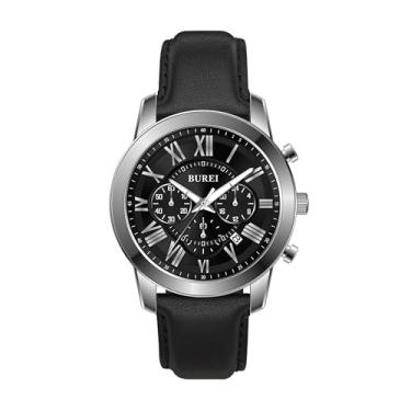 Imagem de BUREI Relógio masculino preto de couro, multifunções, cronógrafo, à prova d'água, relógio masculino casual de negócios, relógio analógico de quartzo, Prata preta, esportivo, moderno, casual