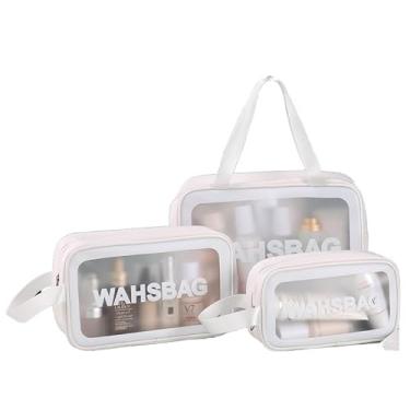 Imagem de Kit 3 Necessaire Transparente Washbag,Necessaire Viagem,Tamanhos Grande Médio e Pequeno para Viagens,Maquiagem,Banho e Ginástica,Bolsa de Armazenamento à Prova d'Água Com Zíper à Prova d'Água (Branco)