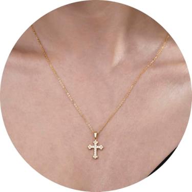 Imagem de Colar feminino com pingente de cruz de ouro banhado a aço inoxidável 18K com detalhes em zircônia, vários estilos de cruz, joia em camadas para presente, 14 Inches, Aço inoxidável, Sem Pedra Preciosa