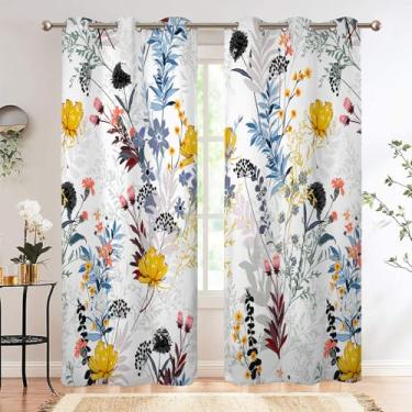 Imagem de Renaiss Cortinas blackout de plantas botânicas, flores silvestres estampadas cortinas de janela de quarto com isolamento térmico, cortinas de janela floral boho para sala de estar, 244 cm C x 134 cm L