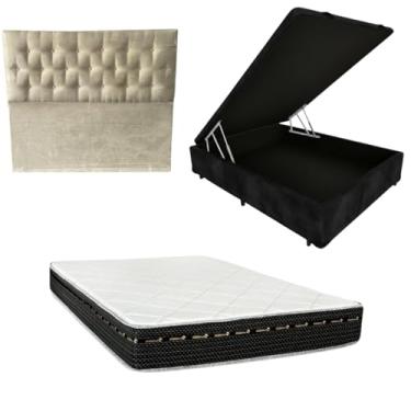 Imagem de Cama Box Baú Blindada com Colchão Eagle Molas Bonnel 22cm + Cabeceira Botonê (SUEDE PRETO, Casal)