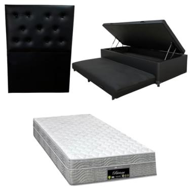 Imagem de Cama Box Baú Solteiro com Auxiliar (Bicama) + Colchão RivIera Molas Ensacadas 25cm | Kit Completo com Cabeceira Botonê Opcional | Diversas Cores (3, CORINO PRETO, COM CABECEIRA)