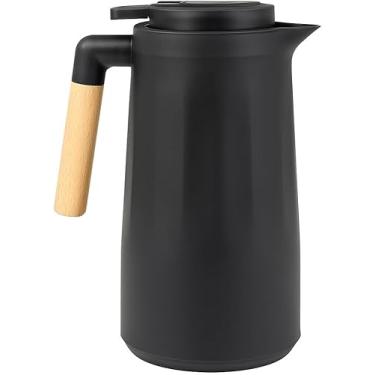 Imagem de Garrafa Térmica de Café 1 Litro Preta com Cabo de Madeira - Design Moderno, Conserva Quente e Frio, Ideal para Café, Chá e Bebidas