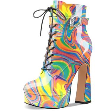 Imagem de Perisis Bota feminina preta de cano curto plataforma com cadarço salto alto grosso fechado bico redondo com zíper lateral e fivela de alça para mulheres sexy e fofas, Patente arco-íris, 34