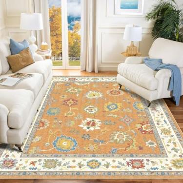 Imagem de BLISSA Tapetes de área 22 x 30 cm para sala de estar – Grande lavável laranja ocre tradicional estampa oushak tapetes para quarto vintage oriental antigo tapete retrô macio para sala de jantar