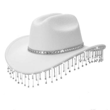 Imagem de Chapéu de cowboy branco de strass com borlas de cristal para adultos -