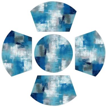 Imagem de Conjunto de 4 jogos americanos de cunha de arte abstrata de PVC azul e 1 tapete redondo antiderrapante resistente ao calor lavável para cozinha, mesa de jantar, festa, decoração de pátio