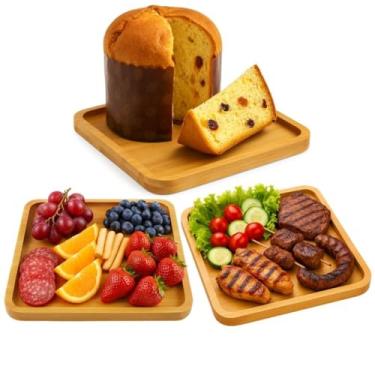 Imagem de Bandeja de Bambu Quadrada 24x24cm - Petisqueira Multiuso para Servir Aperitivos e Queijos(3 Bandeja)