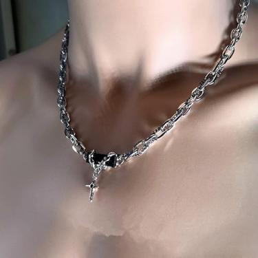 Imagem de Colar masculino de corrente hip hop de pedra preciosa preta, pingente de cruz de prata, design de embrulho, moda urbana, colar de espinha de tranca ajustável