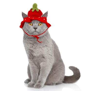 Imagem de Gorros de Tricô para Gatos, Adoráveis Gorros de Crochê Macios Gatinhos Perfeitos para Sessões Fotos Natal e Decoração Festas Cães e Gatos (Estilo Morango)