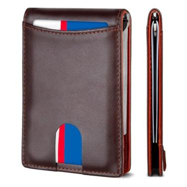 Imagem de Carteira masculina fina de couro legítimo com bloqueio de RFID – Carteira minimalista de bolso frontal com clipe para dinheiro e janela para identidade, design fino para 6 a 8 cartões