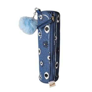 Imagem de Estojo Olhos Divertidos Pompom Rosa Azul Jeans Escolar Fofo