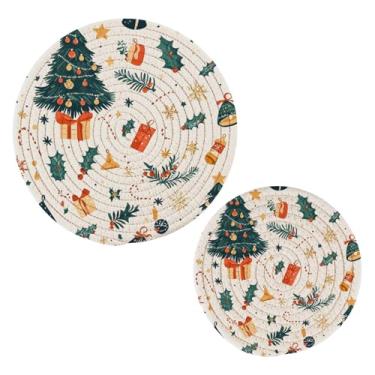 Imagem de Wassud Conjunto de trivet fofo de árvore de Natal para pratos quentes, suportes redondos de algodão, almofadas quentes, porta-copos elegantes, decoração de cozinha e acessórios, 2 peças