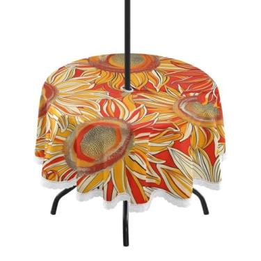 Imagem de CEBUGI Toalha de mesa redonda para uso ao ar livre, girassol, impermeável, com furo Umberlla, capa de mesa lavável para pátio, cozinha, sala de jantar, 152 cm