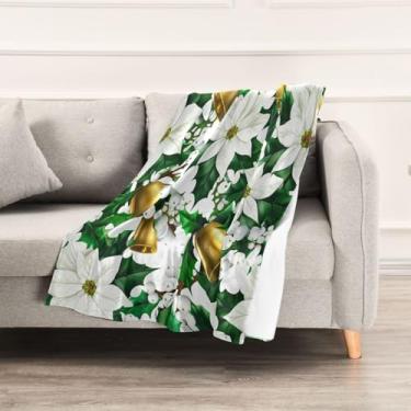 Imagem de Wassud Cobertores e mantas de Natal 152 x 228 cm elegantes sinos com flores cobertor para sofá, cobertor quente de lã de pelúcia aconchegante para cama, sofá, cadeira, decoração de casa