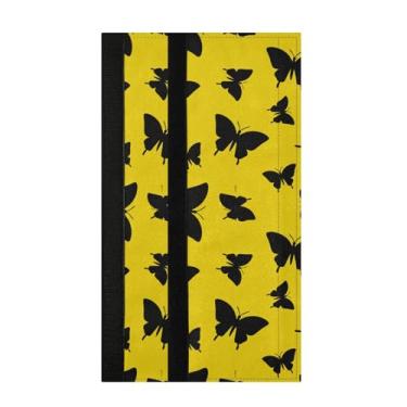 Imagem de Burbuja Conjunto de 2 capas de maçaneta de geladeira borboleta preta em amarelo, lavável, forno, micro-ondas, antiderrapante, 35,5 x 14 cm