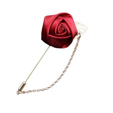 Imagem de VANTOBEST Broche de lapela de flor rosa vermelha vinho folha dourada broche de tecido artesanal com corrente para blazer terno acessórios de festa de casamento