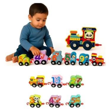Imagem de Trem Trenzinho de Madeira Montessori Educativo Infantil Com Números e Animal Brinquedo Coordenação motora Reconhecimento de números e animais Raciocínio lógico e criatividade Doméstico ou Escolar