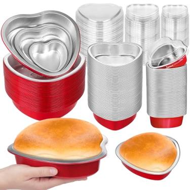Imagem de Fovths 60 formas de bolo em forma de coração com tampas, formas extragrandes de folha de alumínio para cupcake, 96 g, 255 g, 652 g, copos descartáveis para assar pudim para o dia dos namorados,