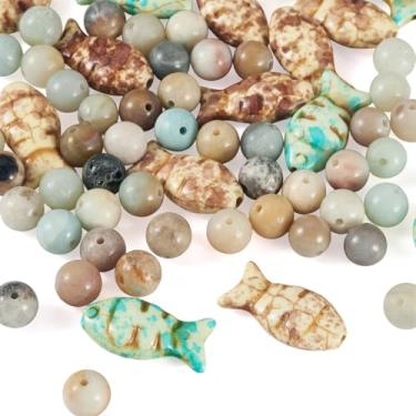 Imagem de Craftdady 65 peças contas redondas de pedra amazonita natural 8 mm contas semipreciosas forma de peixe contas turquesa sintética para pulseiras, colares, brincos, fabricação de joias, orifício: 1,2
