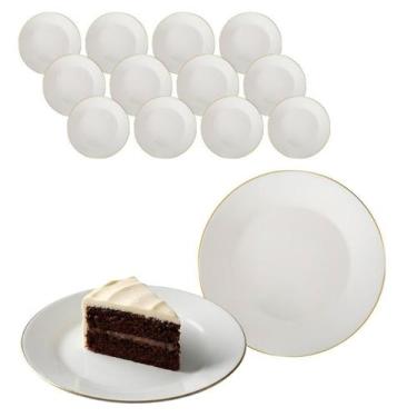 Imagem de Kit 12 Prato Redondo Sobremesa Opaline Branco Borda Dourada - Haüskraf