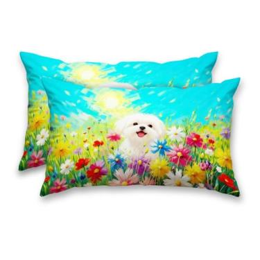 Imagem de HOMETITUTE Capas de almofada de primavera, pacote com 2 fronhas decorativas de cetim 30,5 x 50,8 cm, floral, arte canina, para sofá, sala de estar, fazenda, decorações de férias