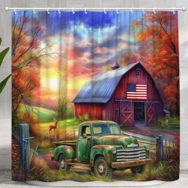 Imagem de Cortina de chuveiro Farmhouse Old Truck rústica de madeira vermelha celeiro vintage americano clássico carro antigo fazenda verde caminhão conjunto de banheiro acessórios de banheira tecido de