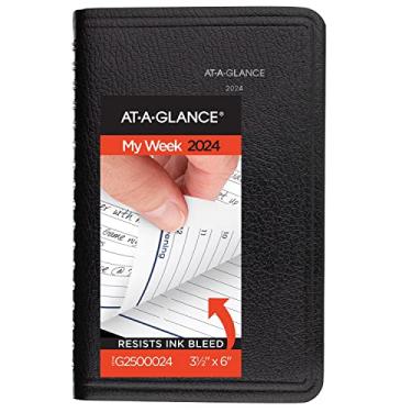 Imagem de AT-A-GLANCE Agenda semanal 2024, DayMinder, agenda de compromissos por hora, 8,5 x 15 cm, tamanho de bolso, páginas de telefone/endereço com abas, capa de textura, preta (G2500024)