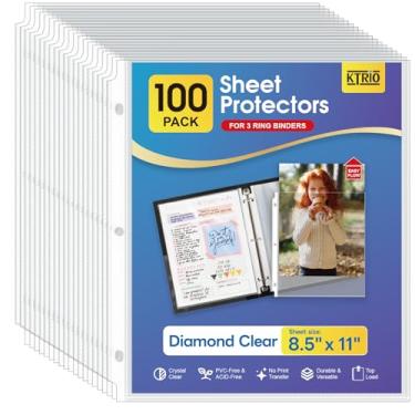 Imagem de Protetores de página transparente Ktrio 21,5 x 28 cm para 3 anéis, mangas de plástico para encadernações, protetor de papel de alta carga sem ácido, tamanho de letra, Clear, 100 Pack