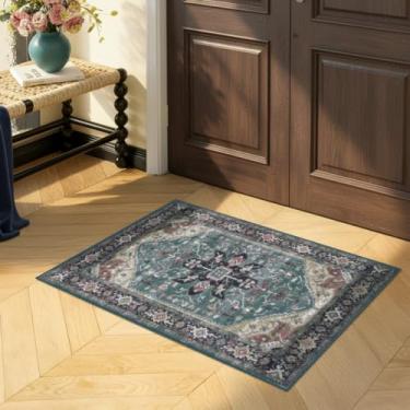 Imagem de Enkor Tapetes macios de área, lavável, antiderrapante, boêmio, pequeno, para sala de estar, quarto, estilo vintage, tapete de casa de fazenda para cozinha, roxo e verde