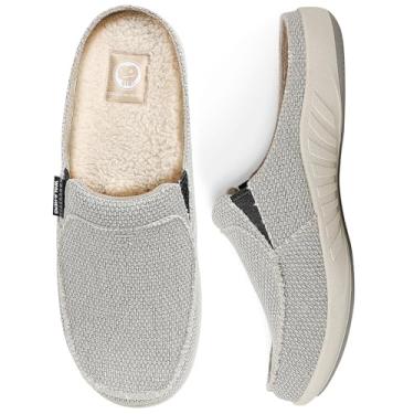 Imagem de Chinelos masculinos com suporte de arco, chinelo de lona para homens com forro de veludo, tamanco sem fecho, sapatos internos e externos com sola de borracha antiderrapante, Cinza (palmilhas de lã