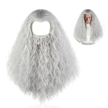 Imagem de FILMIA Fantasia adulta de peruca e barba para cosplay festa de Halloween + touca de peruca (cinza)