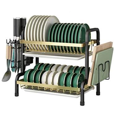 Imagem de Conjunto de escorredor e escorredor de pratos de 2 níveis, escorredor de pratos compacto para balcão de cozinha com suporte de utensílios e suporte de tábua de corte, antiferrugem, economiza espaço