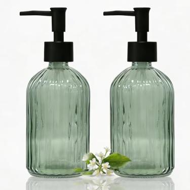 Imagem de Dispensador de sabonete para mãos listrado, dispensador de sabão de vidro verde de 382 g com bomba de plástico preto, elegante dispensador de líquido de bancada recarregável para cozinha, banheiro