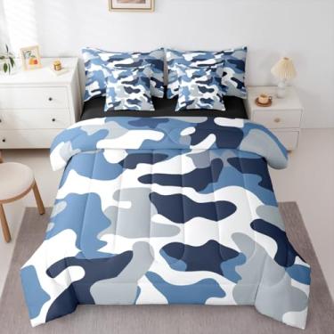 Imagem de Erosebridal Conjunto de edredom camuflado, 7 peças, Queen, camuflado, moderno, abstrato, militar, para crianças, meninos, adolescentes, adultos, moderno, abstrato, militar, em uma bolsa, azul marinho